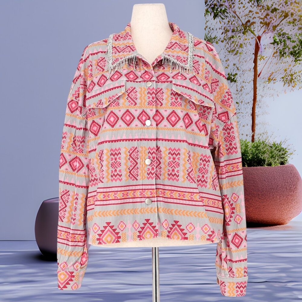 SAVANNA JANE Rhinestone Tassels Aztec Inspired Print Corduroy Jacket NEW IN PACK - Picture 2 of 10